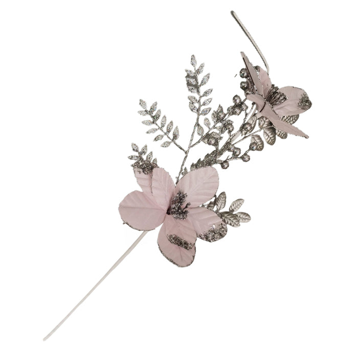 CHRISTMAS VELVET MAGNOLIA SPRAY PINK SILVER