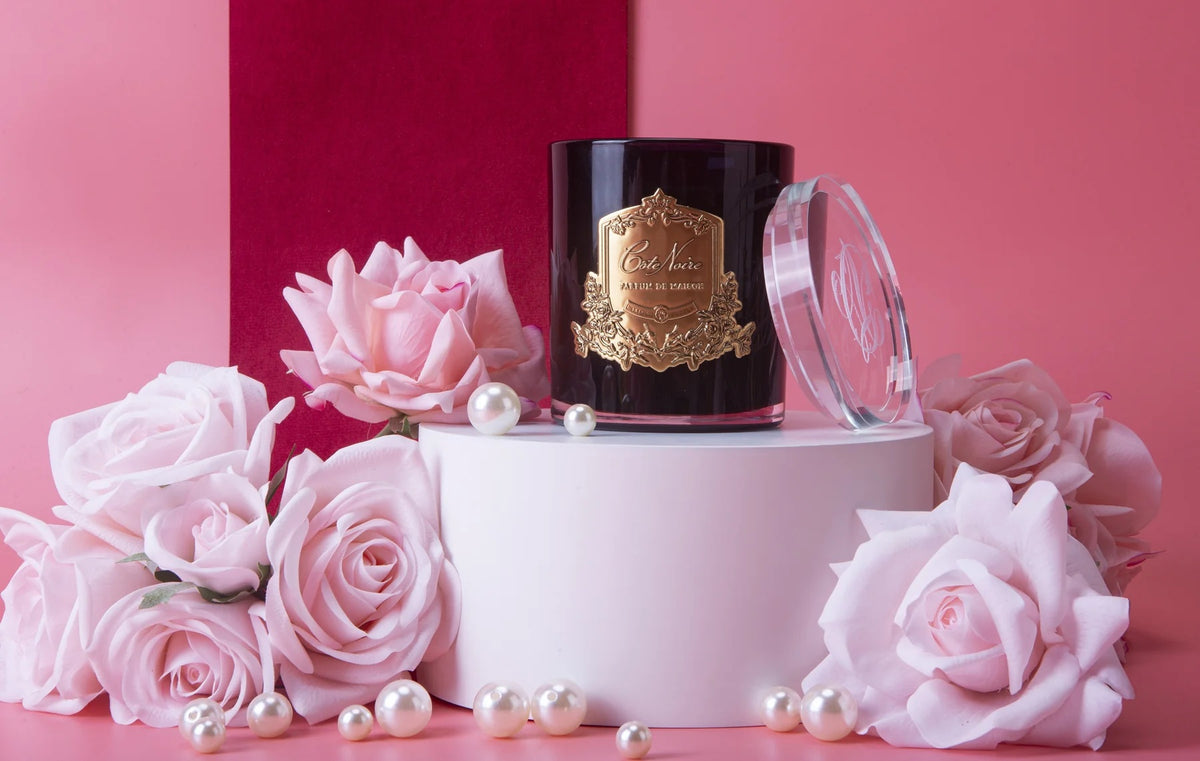 COTE NOIRE GOLD 450g CANDLE CRYSTAL GLASS LID CHARENTE ROSE