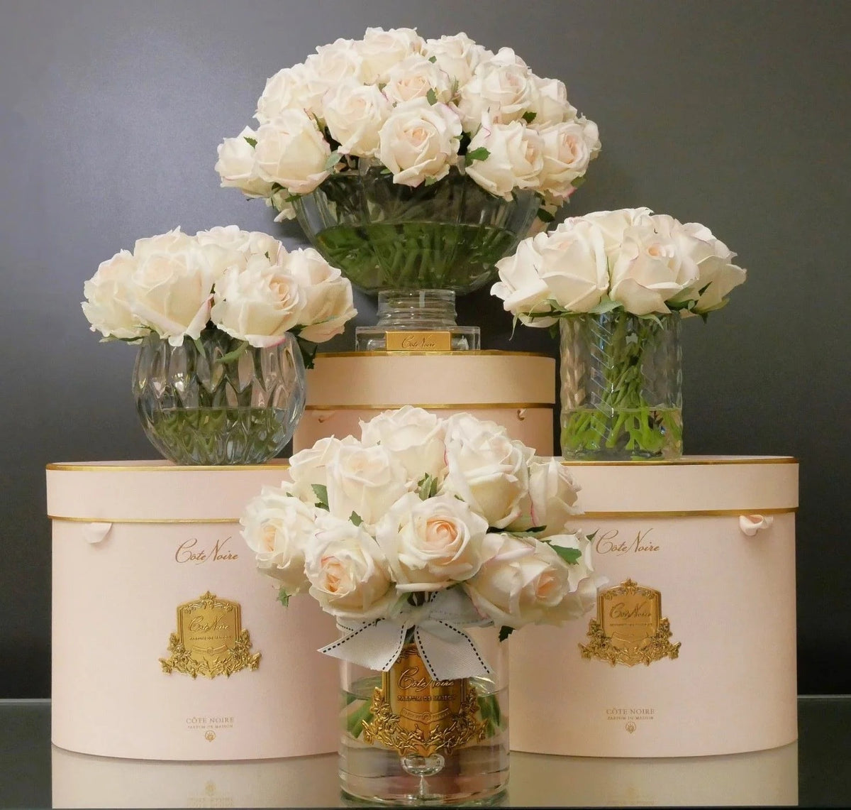 Cote Noire Luxury Centrepiece 37 Rose Bud Pink Blush with Gold Badge
