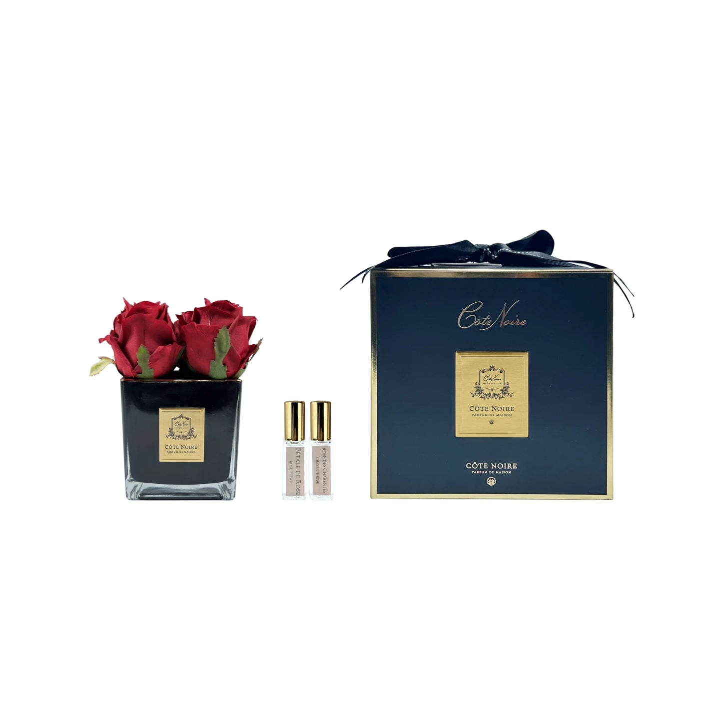 Cote Noire Square 4 Rose Buds Red In Black Square Glass With Gold Crest