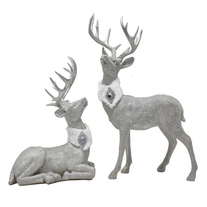 CHRISTMAS RESIN DEER WITH SCARF SILVER SET OF 2