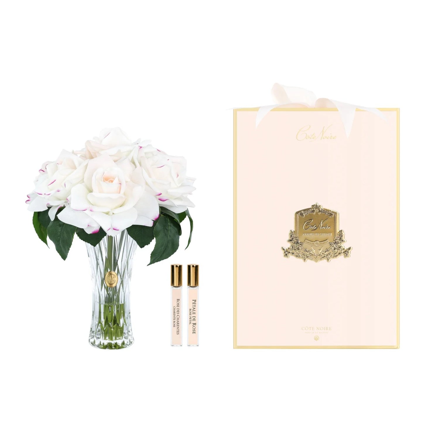 Cote Noire Charente Seven Rose Pink Blush Cut Glass with Gold Crest