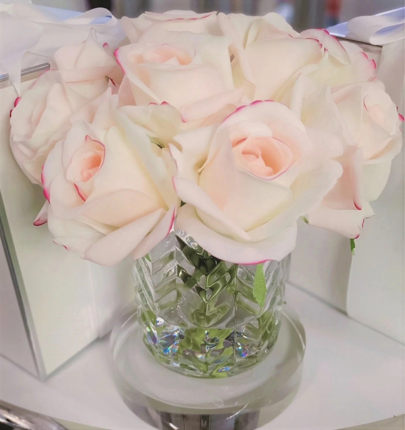 Cote Noire Herringbone Flower Clear Cut Glass Pink Blush Rose Buds
