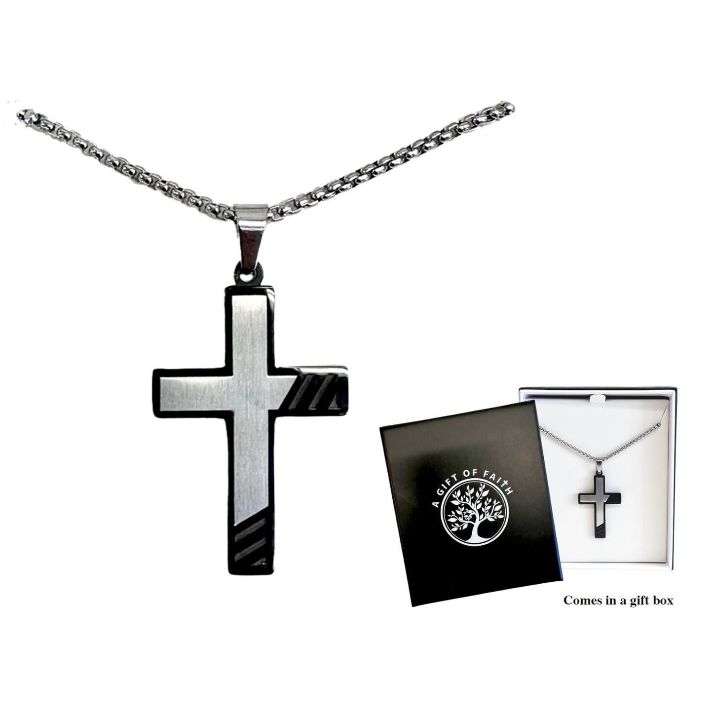 Necklace Gift Of Faith Stainless Steel With 35mm Cross Brushed Gunmetal Grey