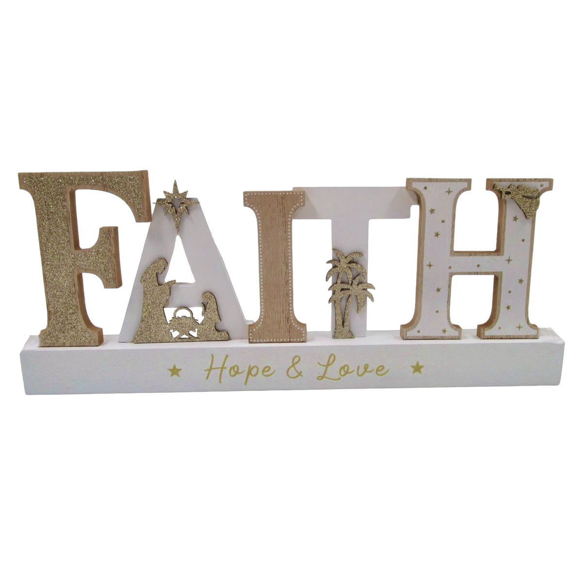 Christmas Wooden Nativity Scene Wood With Glitter "FAITH"
