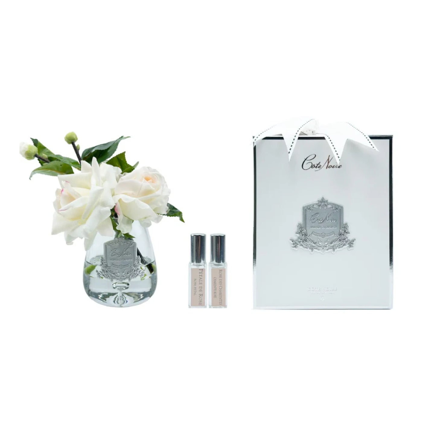 Cote Noire Tea Rose Bouquet Pink Blush In Clear Tear Drop Glass With Silver Crest