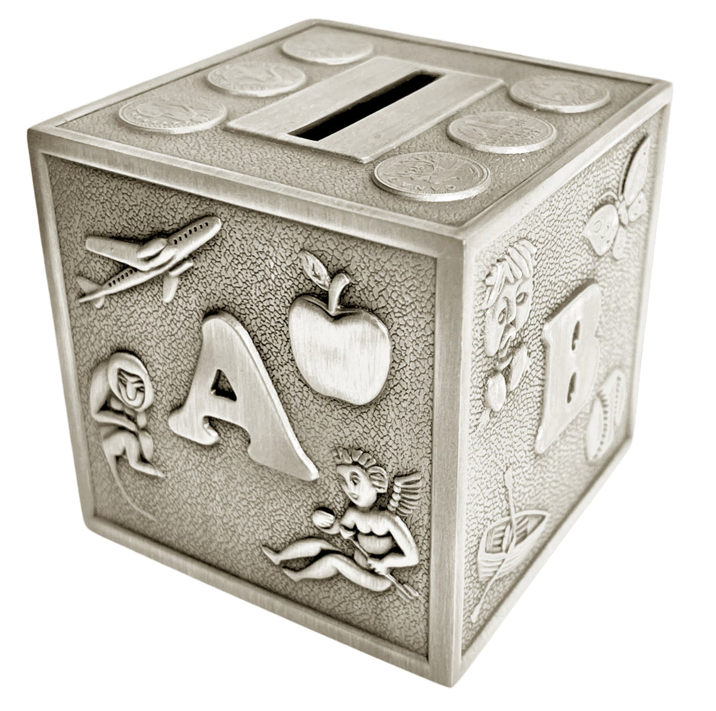 MONEY BANK CUBE ABC PEWTER FINISH