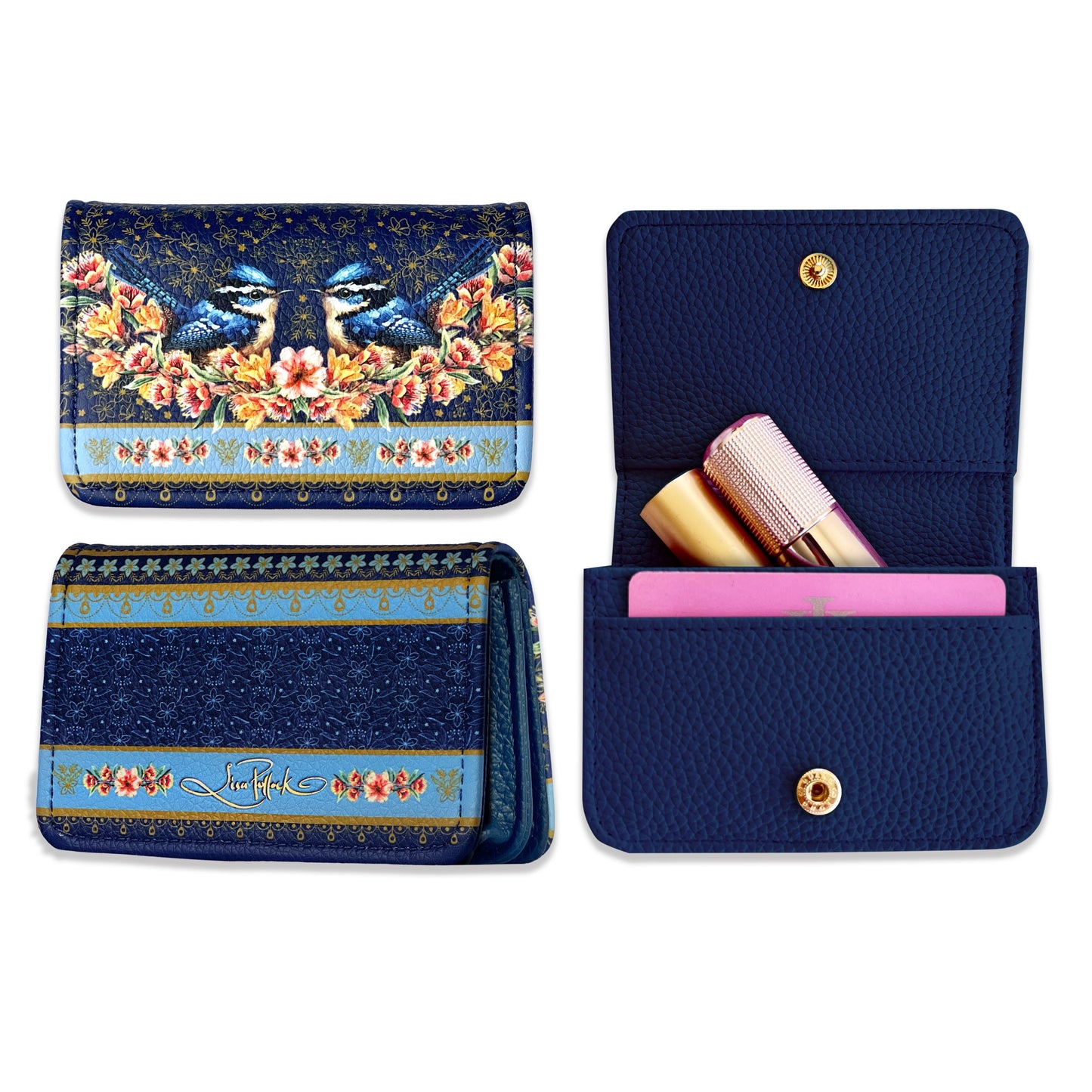 Lisa Pollock PU Leather Card Wallet With Gold Logo Blue Wrens