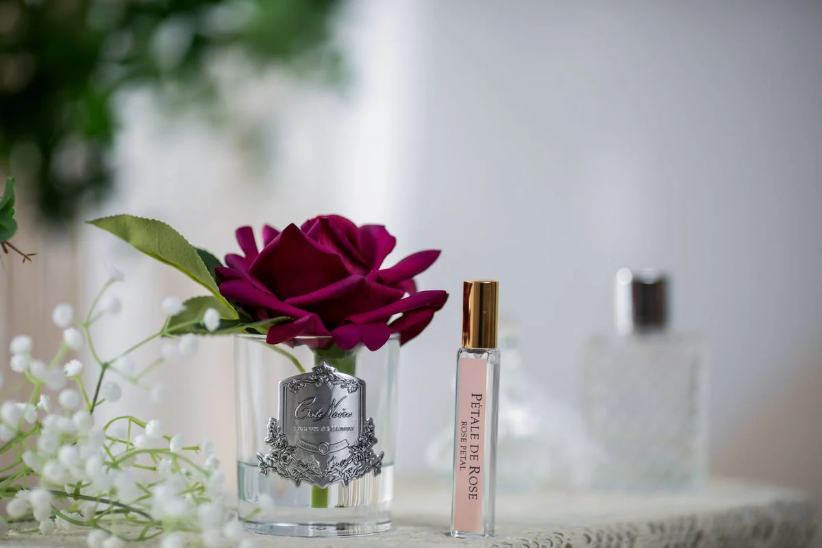 Cote Noire Single French Rose Perfumed Natural Touch Red In Clear Glass With Silver Crest