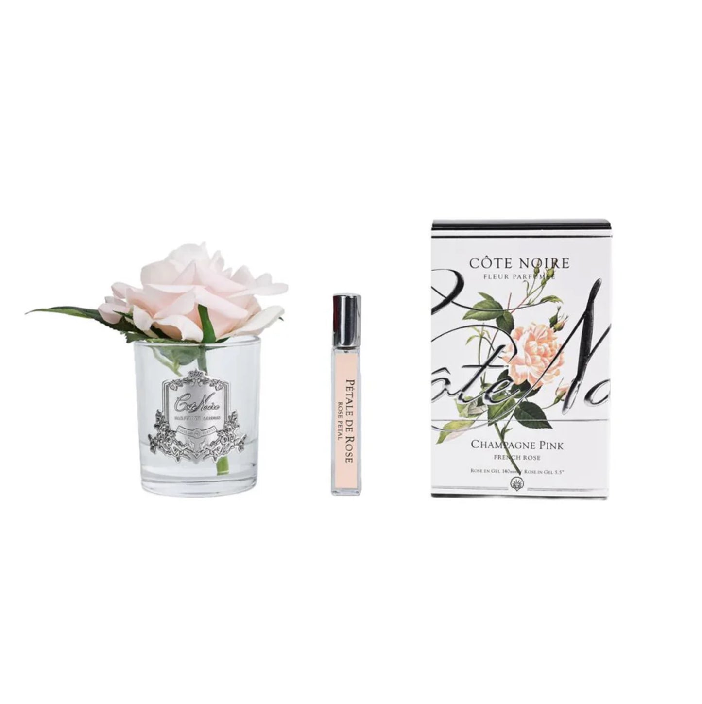 Cote Noire Single French Rose Champagne Pink In Clear Glass With Silver Crest