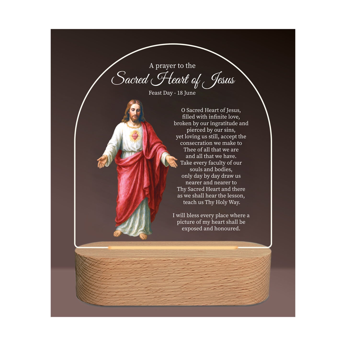 Divine Collection LED Plaque With Timber Base Sacred Heart Jesus