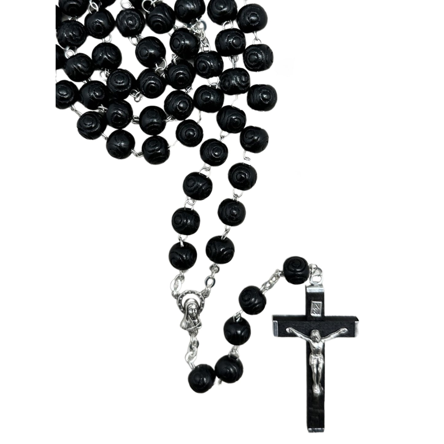 ROSARY BEADS WOOD PATTERNED BEAD BLACK
