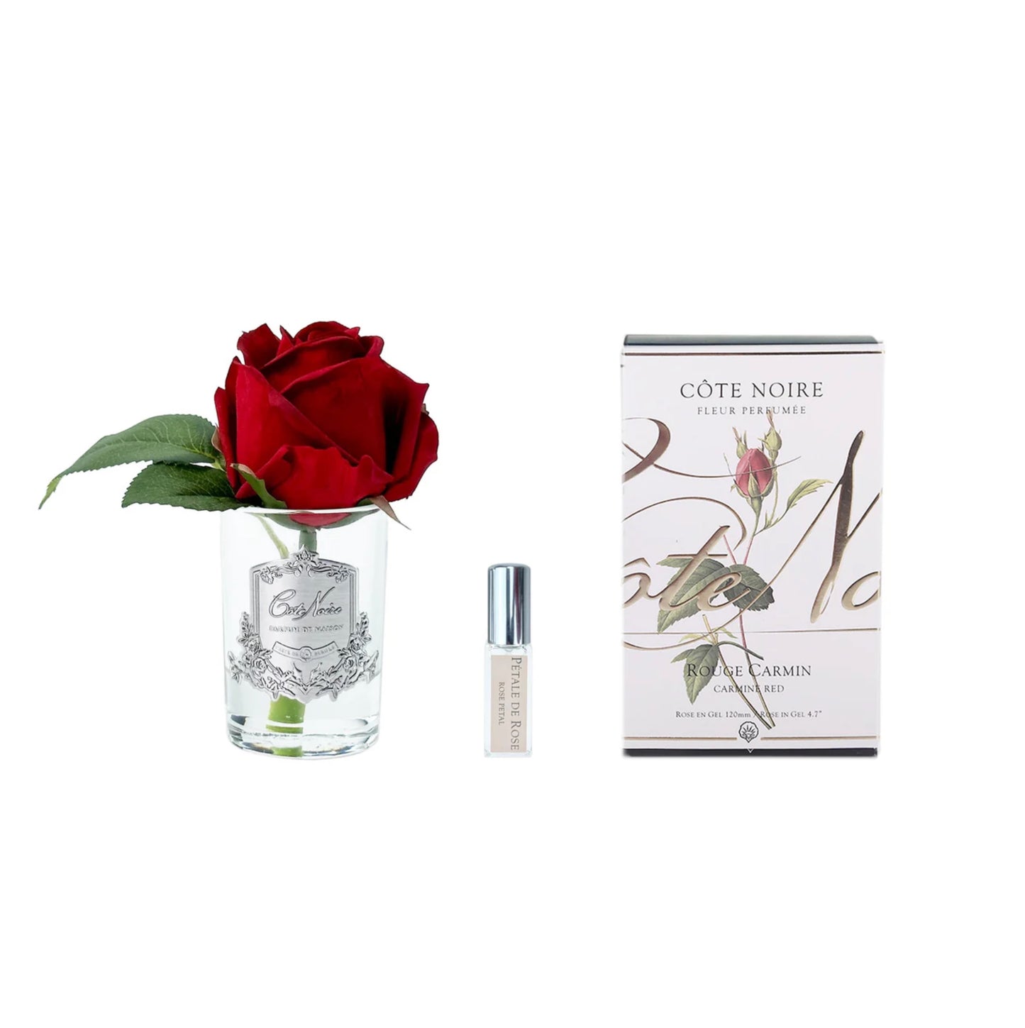 Cote Noire Rose Bud Perfumed Natural Touch Red In Clear Glass With Silver Crest