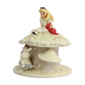DISNEY TRADITIONS BY JIM SHORE ALICE IN WONDERLAND WHIMSY AND WONDER ALICE ON MUSHROOM WHITE WOODLAND 18CM