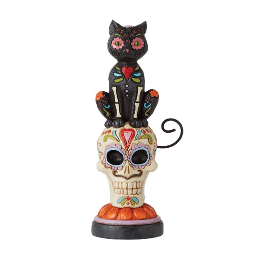 HEARTWOOD CREEK BY JIM SHORE HALLOWEEN DAY OF THE DEAD BLACK CAT ON SKULL FIGURINE 16CM