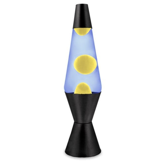 LAVA LAMP 37CM RETRO SHAPE BLACK BASE WITH BLUE WATER & YELLOW WAX