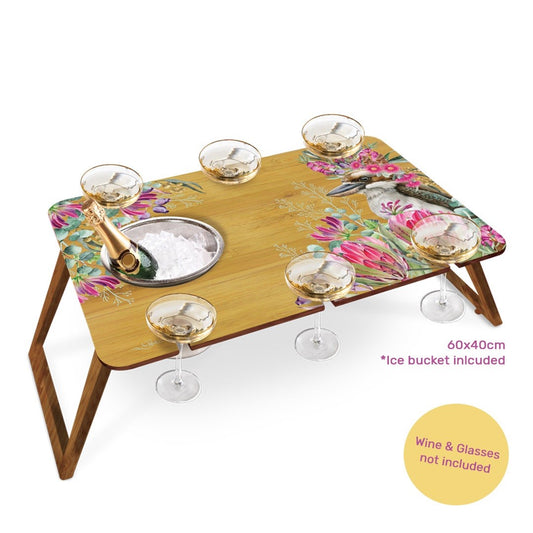 LISA POLLOCK BAMBOO PICNIC TABLE WITH STAINLESS STEEL BUCKET AND 6 WINE GLASS HOLDERS BLUSH KOOKABURRA