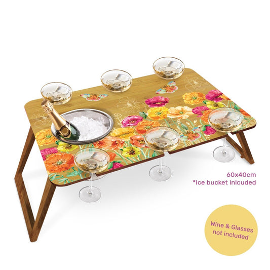 LISA POLLOCK BAMBOO PICNIC TABLE WITH STAINLESS STEEL BUCKET AND 6 WINE GLASS HOLDERS BRIGHT POPPIES