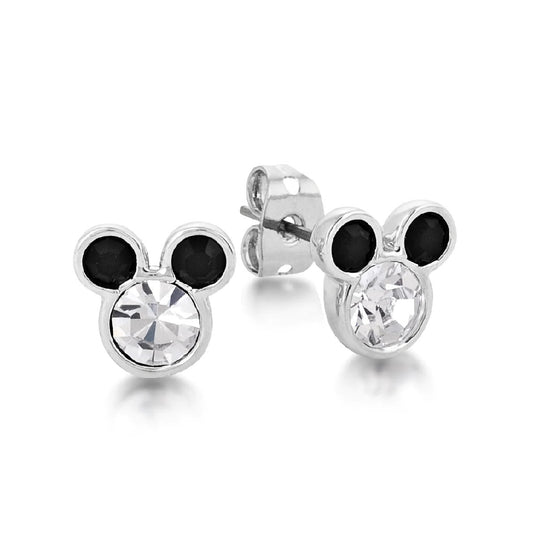 DISNEY COUTURE KINGDOM MICKEY MOUSE BLACK & CRYSTAL STUD EARRINGS WHITE GOLD PLATED