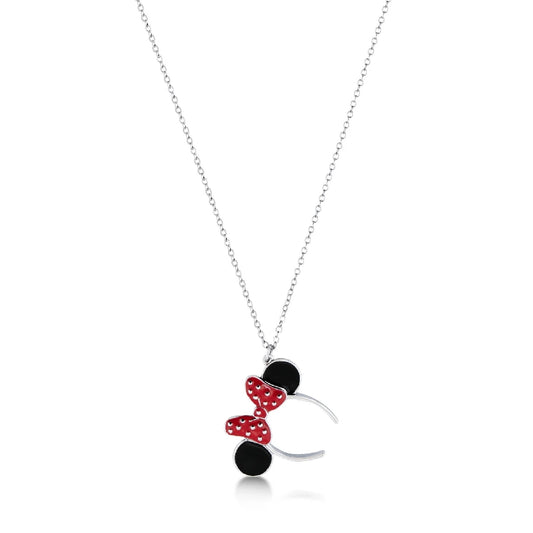 DISNEY COUTURE KINGDOM MINNIE MOUSE BLACK EARS & RED BOW NECKLACE WHITE GOLD PLATED