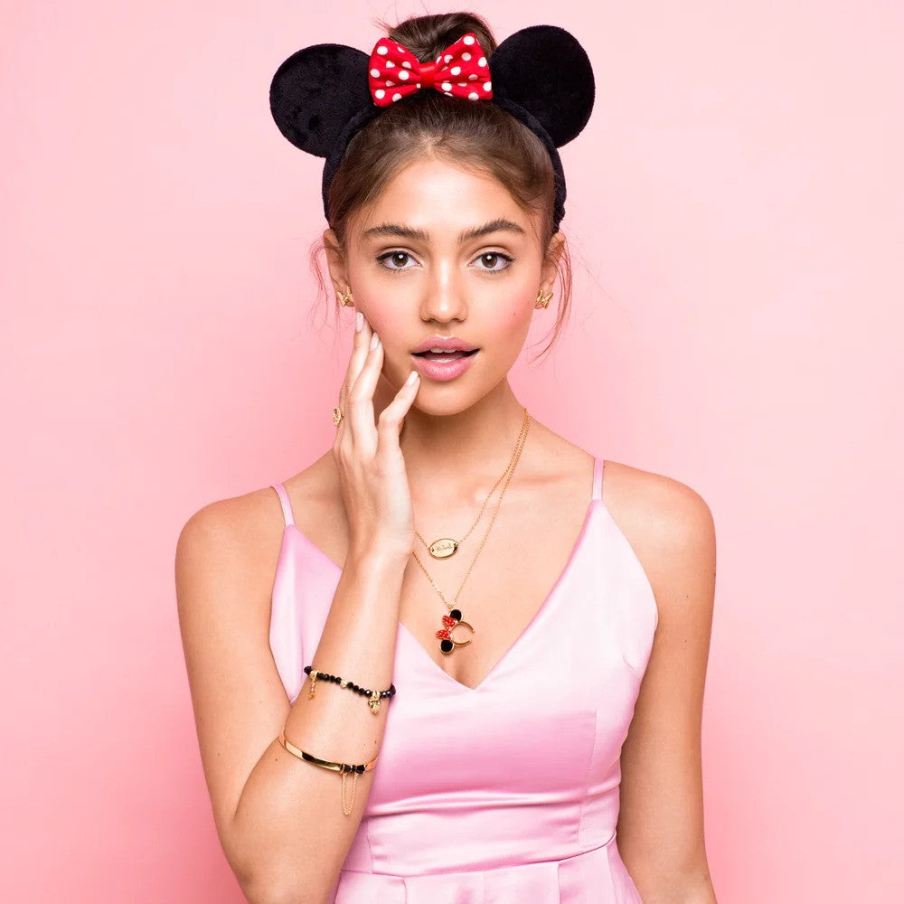 DISNEY COUTURE KINGDOM MINNIE MOUSE BLACK EARS & RED BOW NECKLACE YELLOW GOLD PLATED
