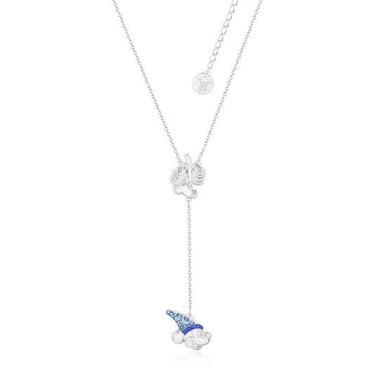 DISNEY COUTURE KINGDOM FANTASIA SORCERERS APPRENTICE MICKEY MOUSE & MOP LARIAT NECKLACE WHITE GOLD PLATED