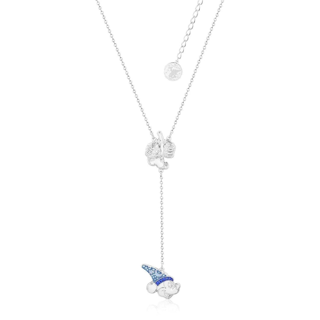 DISNEY COUTURE KINGDOM FANTASIA SORCERERS APPRENTICE MICKEY MOUSE & MOP LARIAT NECKLACE WHITE GOLD PLATED