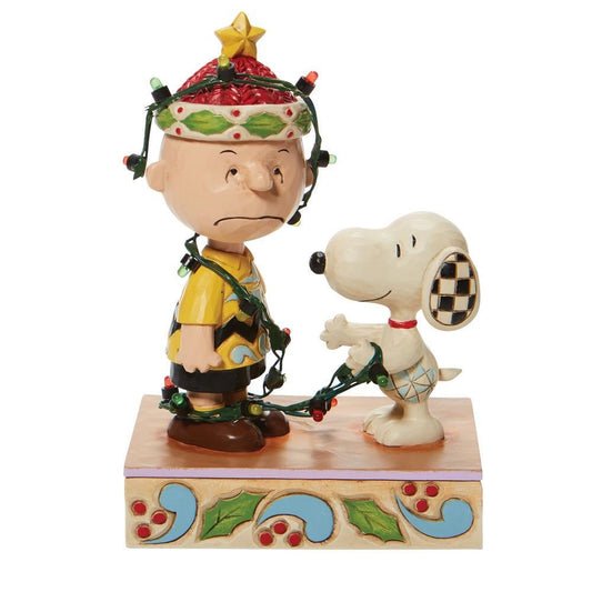 PEANUTS BY JIM SHORE CHRISTMAS SNOOPY & CHARLIE BROWN TANGLED IN LIGHTS LED LIGHT UP 15CM