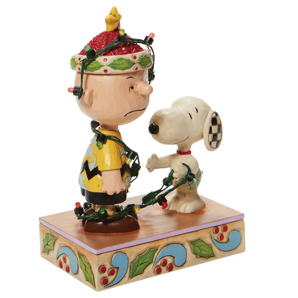 PEANUTS BY JIM SHORE CHRISTMAS SNOOPY & CHARLIE BROWN TANGLED IN LIGHTS LED LIGHT UP 15CM