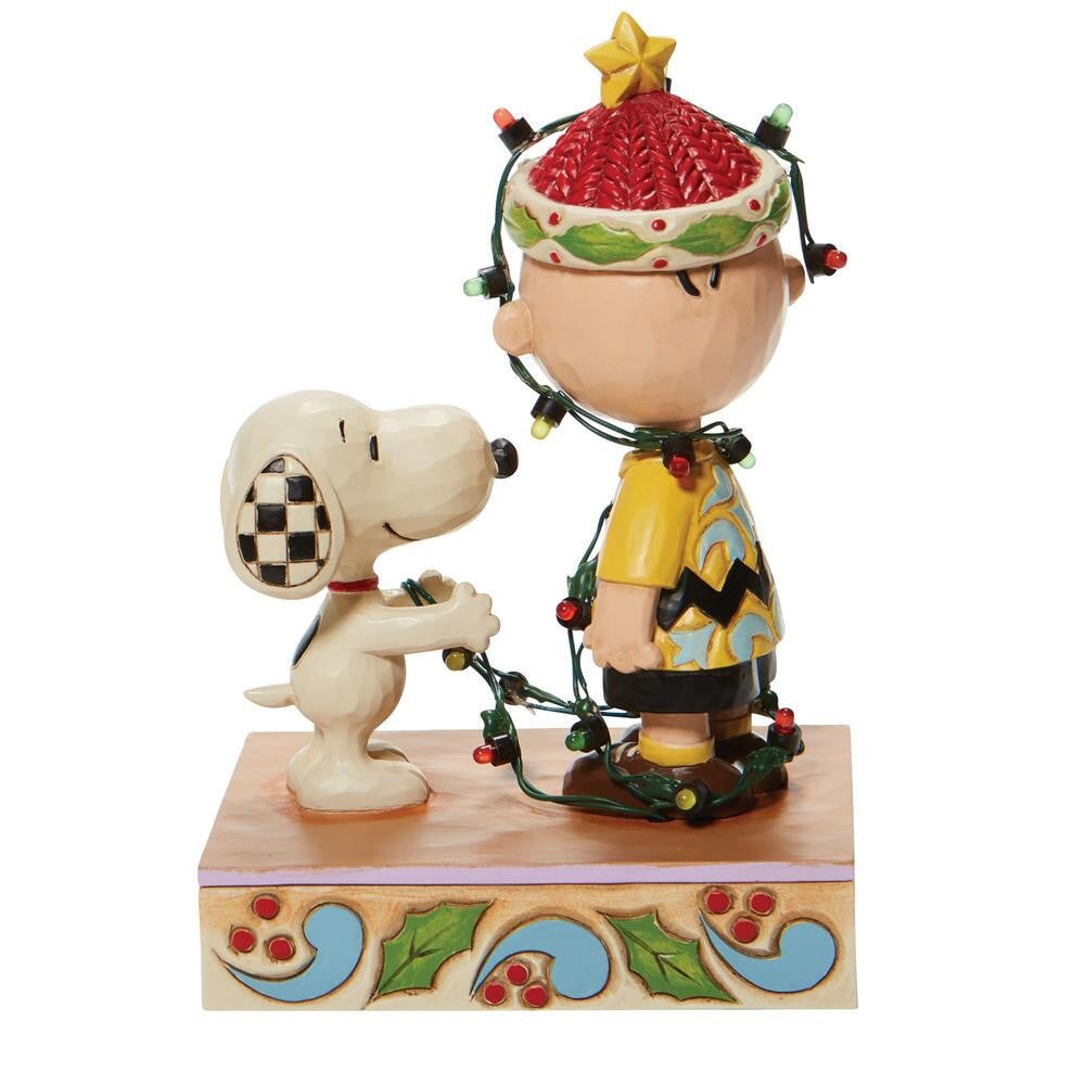 PEANUTS BY JIM SHORE CHRISTMAS SNOOPY & CHARLIE BROWN TANGLED IN LIGHTS LED LIGHT UP 15CM