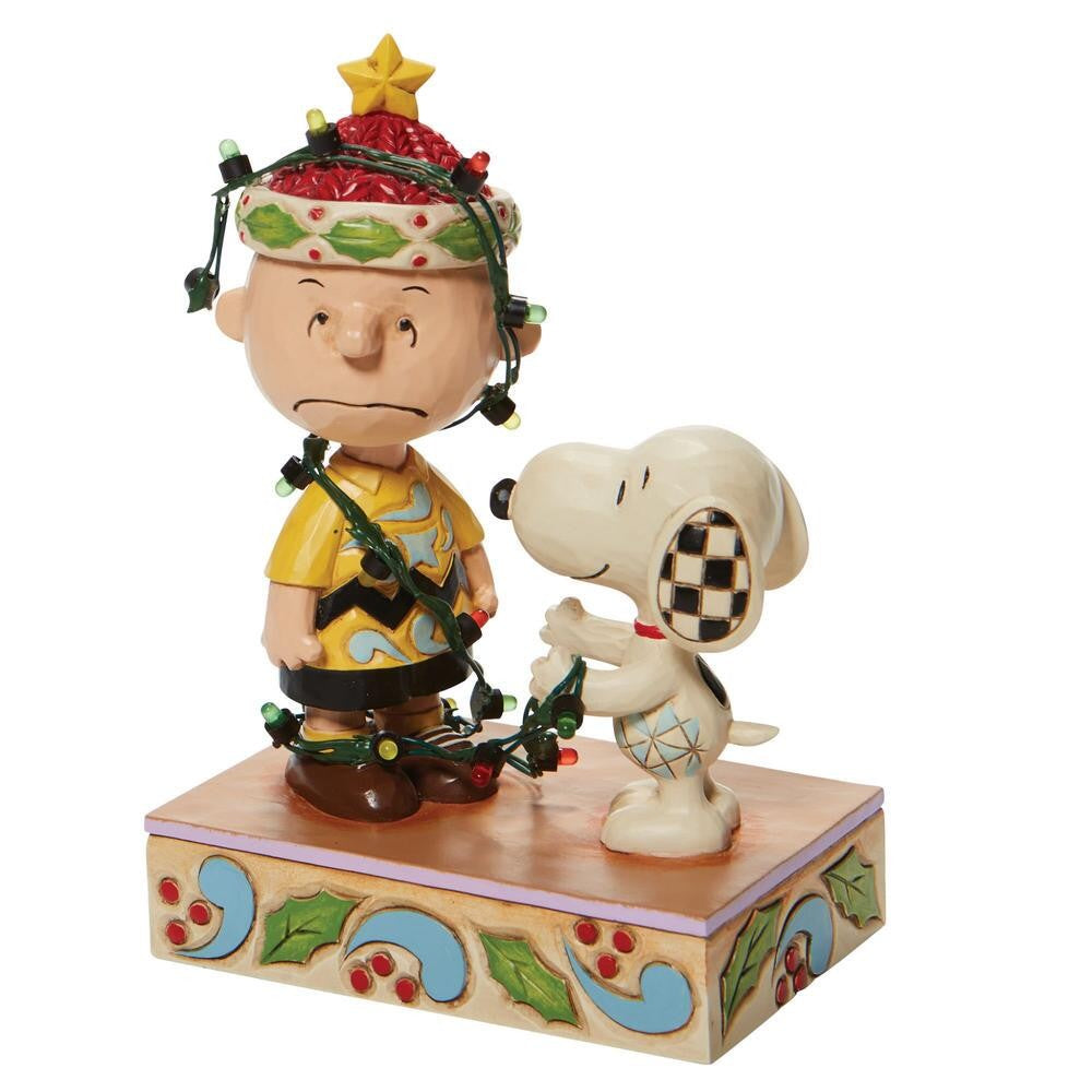 PEANUTS BY JIM SHORE CHRISTMAS SNOOPY & CHARLIE BROWN TANGLED IN LIGHTS LED LIGHT UP 15CM