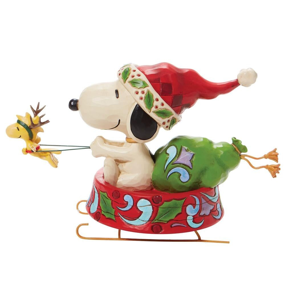 PEANUTS BY JIM SHORE CHRISTMAS SNOOPY IN DOG BOWL SLEIGH WITH WOODSTOCK