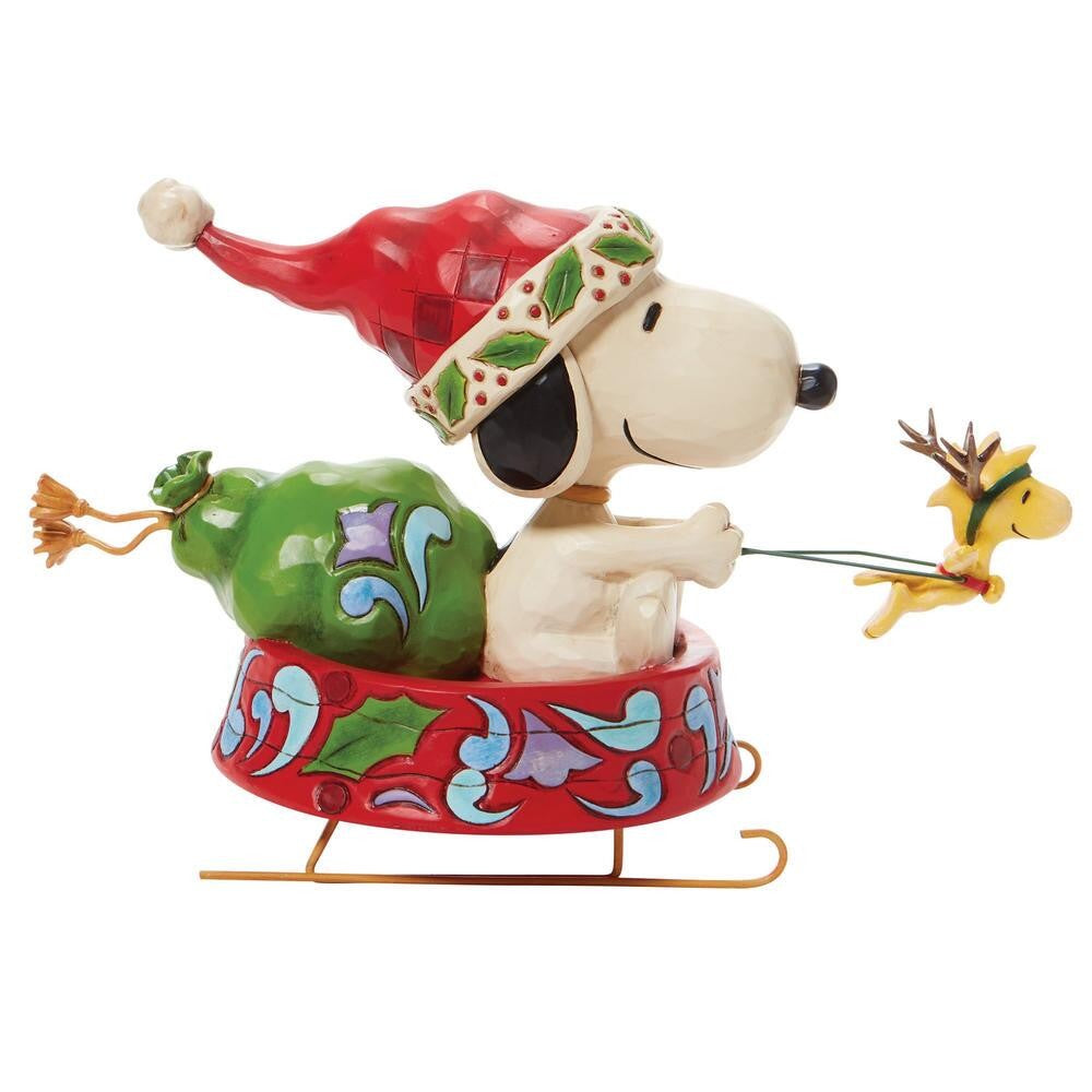 PEANUTS BY JIM SHORE CHRISTMAS SNOOPY IN DOG BOWL SLEIGH WITH WOODSTOCK