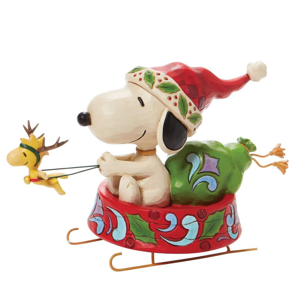 PEANUTS BY JIM SHORE CHRISTMAS SNOOPY IN DOG BOWL SLEIGH WITH WOODSTOCK