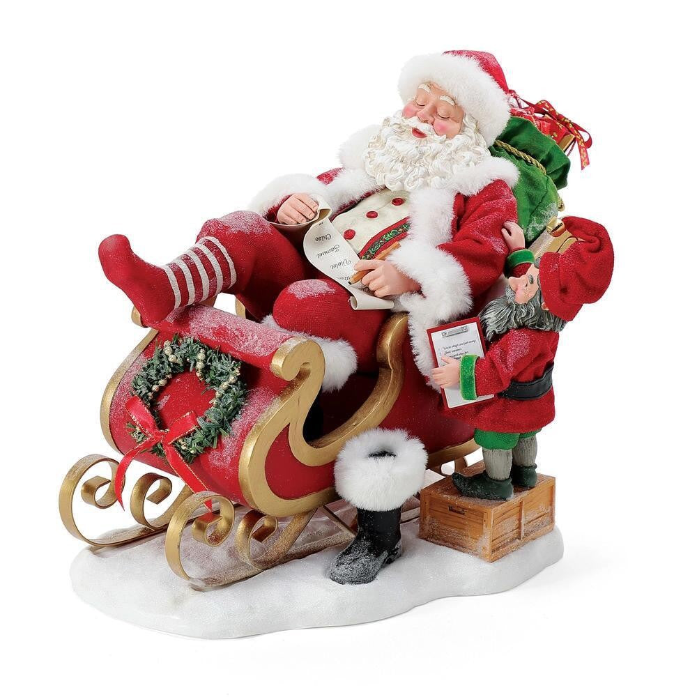 DEPARTMENT 56 POSSIBLE DREAMS ELF WAKING SANTA SLEEPING IN SLEIGH LONG WINTER'S NIGHT 25CM