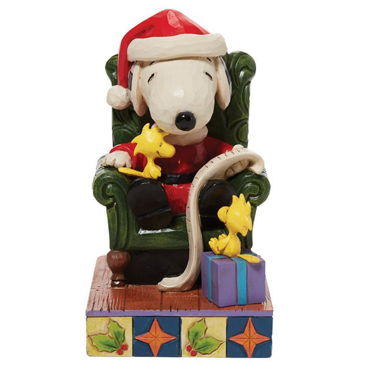 PEANUTS BY JIM SHORE CHRISTMAS SANTA SNOOPY WITH LIST ON CHAIR