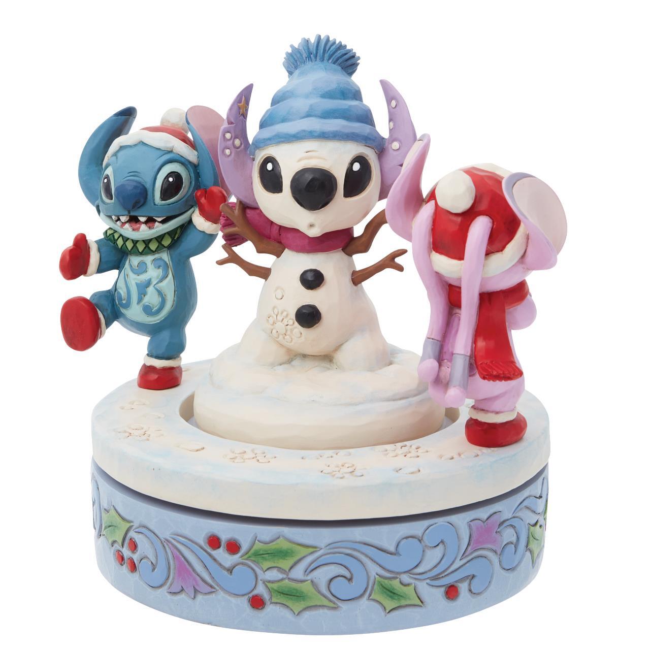 DISNEY TRADITIONS BY JIM SHORE CHRISTMAS STITCH AND ANGEL WITH SNOWMAN ROTATING