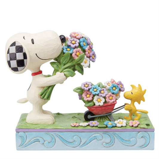 PEANUTS BY JIM SHORE SNOOPY PICKING FLOWERS & WOODSTOCK PUSHING WHEELBARROW