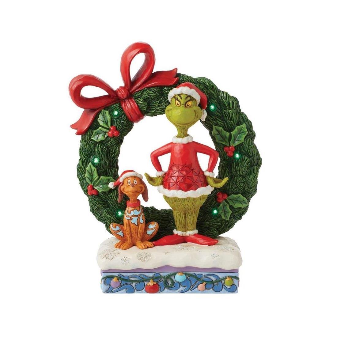 THE GRINCH DR. SEUSS BY JIM SHORE LIT GRINCH & MAX IN WREATH