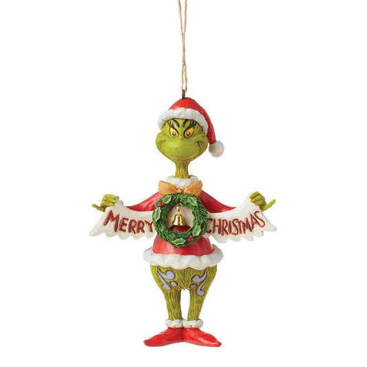 THE GRINCH DR. SEUSS BY JIM SHORE GRINCH WITH MERRY CHRISTMAS BANNER HANGING ORNAMENT