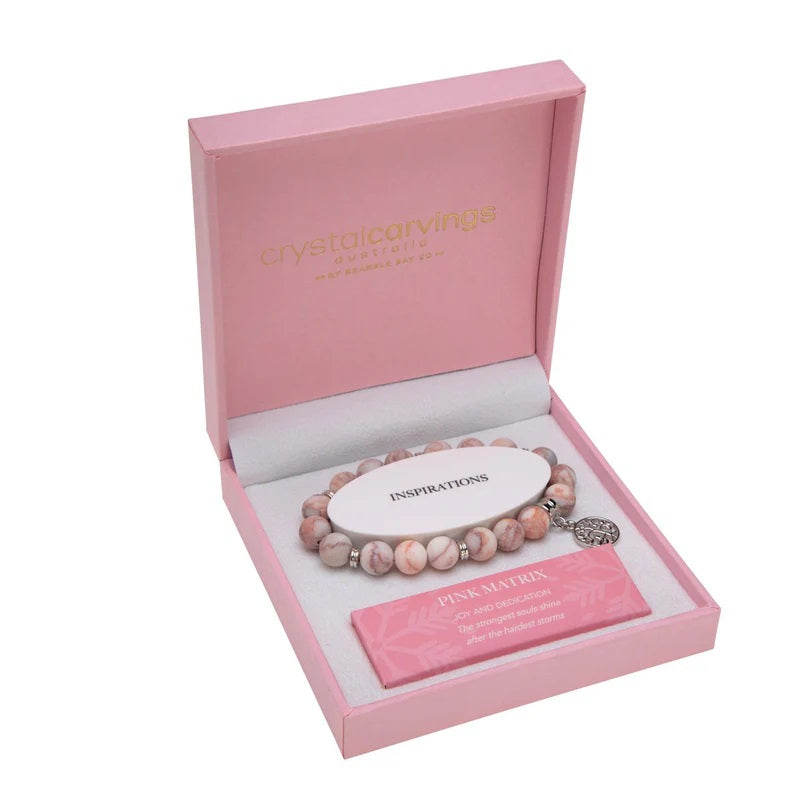 CRYSTAL CARVINGS BRACELET TREE OF LIFE CHARM PINK MATRIX MATTE BEADS PINK BOX