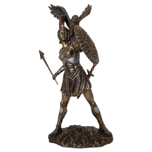 VERONESE DESIGNS BRONZE FIGURINE GODDESS ATHENA WITH OWL AND SHIELD 31CM