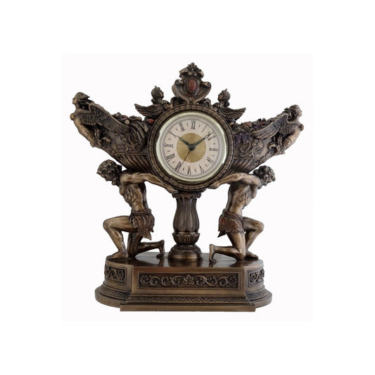 VERONESE DESIGNS BRONZE TABLE CLOCK STRONG MEN CARRYING VESSEL OF HARVEST