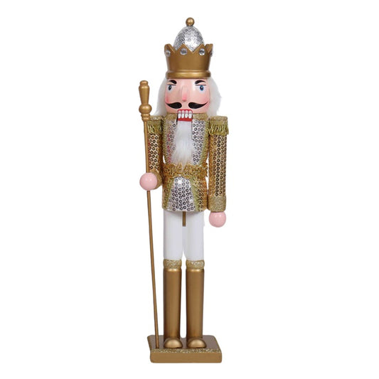 PURE CHRISTMAS WOODEN NUTCRACKER WITH STAFF WHITE & GOLD 50CM