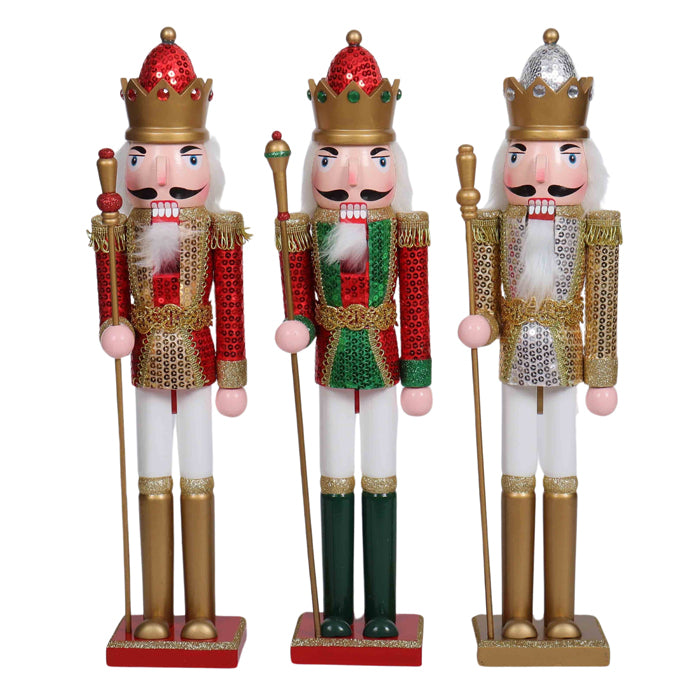 PURE CHRISTMAS WOODEN NUTCRACKER WITH STAFF WHITE & GOLD 50CM