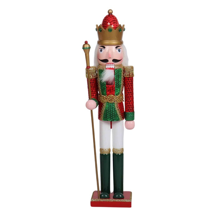 PURE CHRISTMAS WOODEN NUTCRACKER WITH STAFF GREEN & RED 50CM