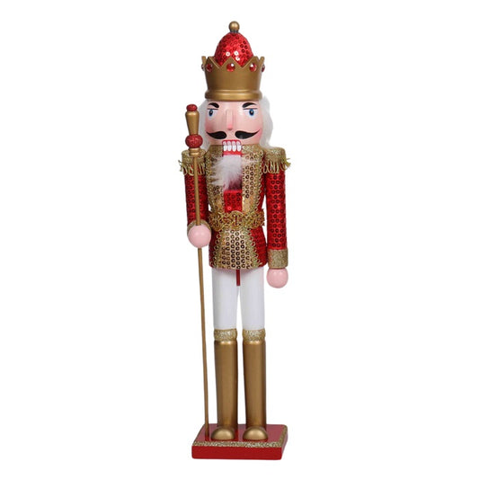 PURE CHRISTMAS WOODEN NUTCRACKER WITH STAFF RED & GOLD 50CM