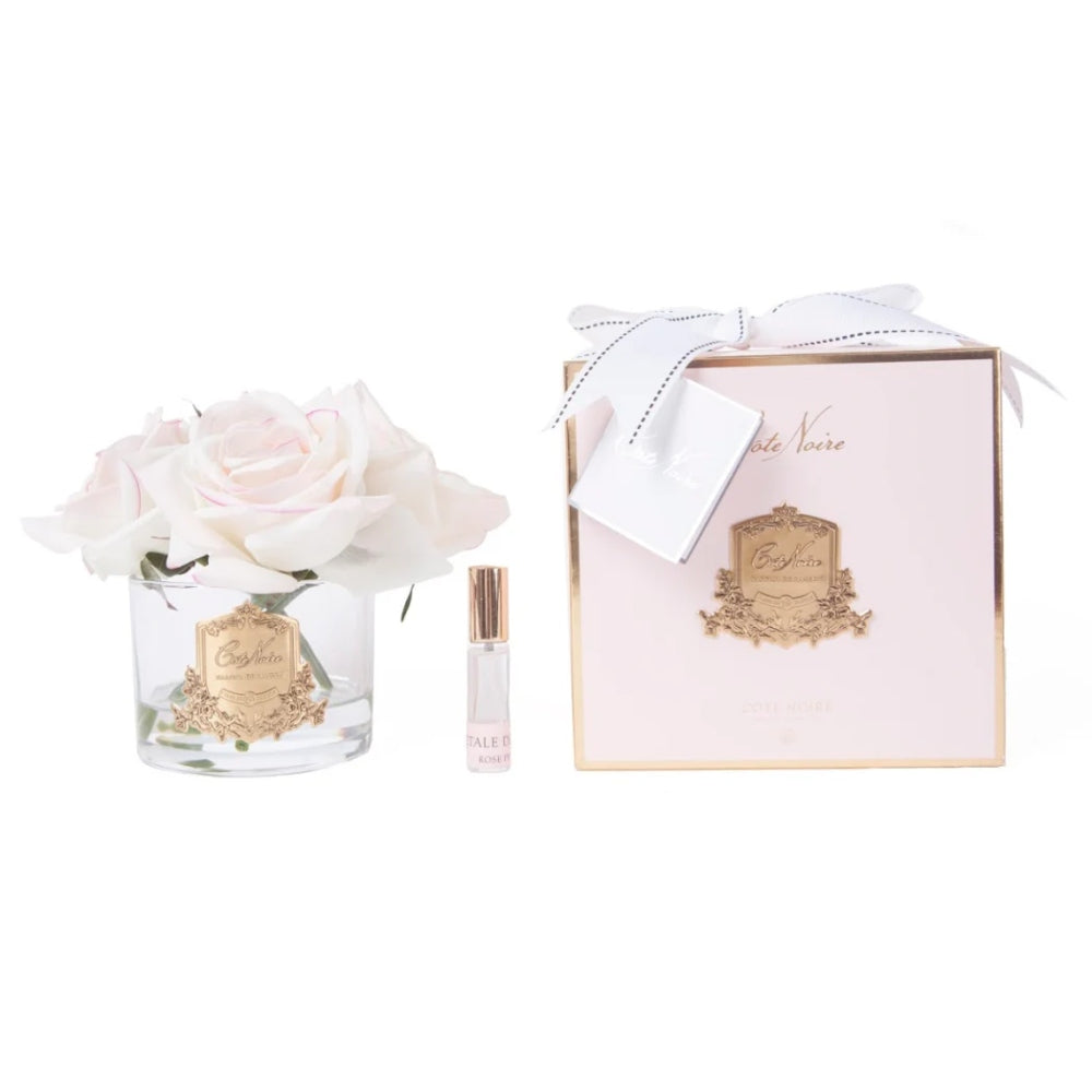 COTE NOIRE PERFUMED NATURAL TOUCH LIMITED EDITION FIVE ROSE PINK BOX CLEAR GLASS IN PINK BLUSH