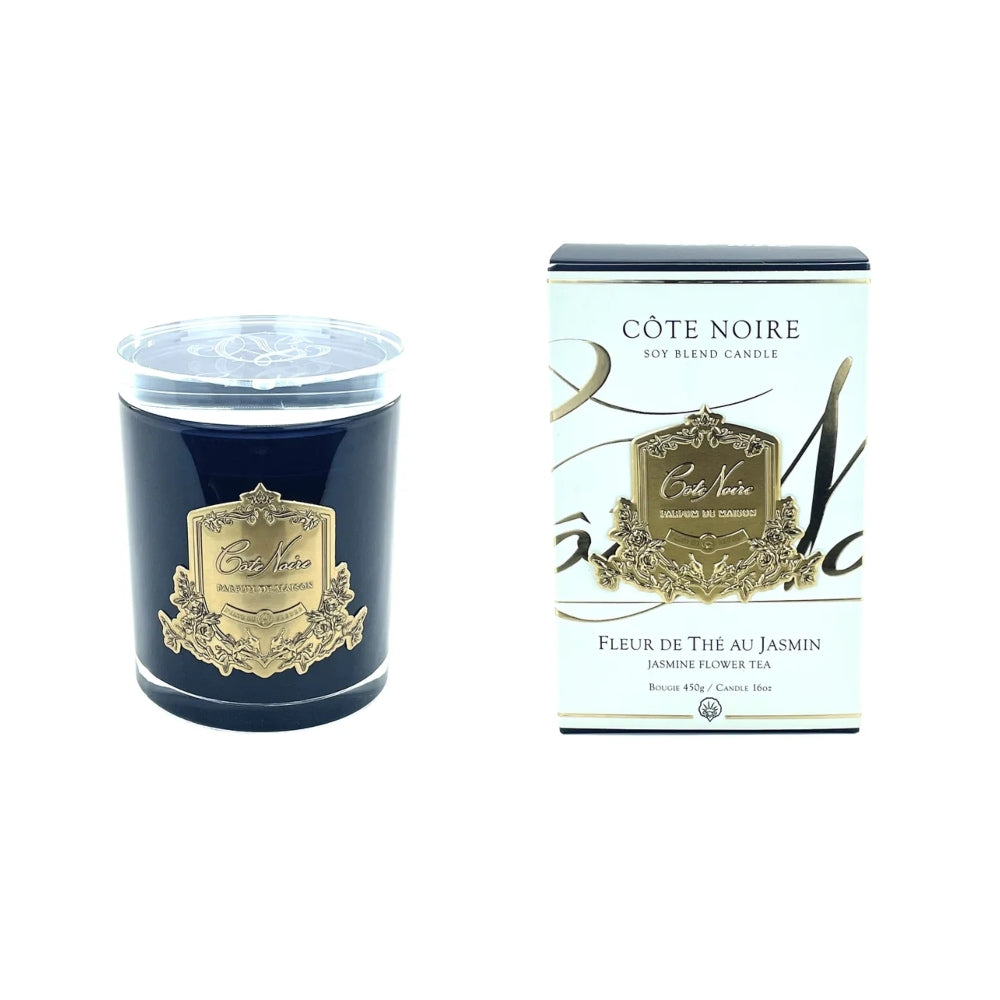 COTE NOIRE CANDLE LARGE 450G DARK GLASS JASMINE FLOWER TEA