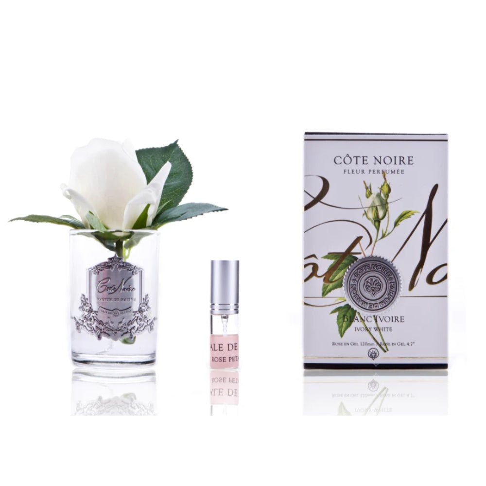 COTE NOIRE PERFUMED NATURAL TOUCH ROSE BUD CLEAR GLASS IN IVORY WHITE